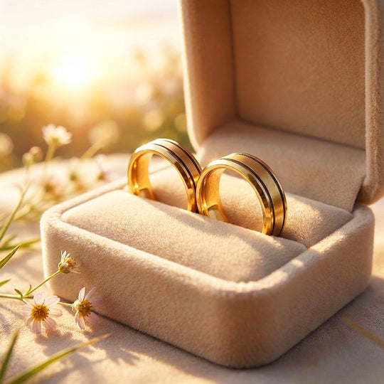 Hera | Brushed Center Dual Black Grooves Bevelled Flat Wedding Band