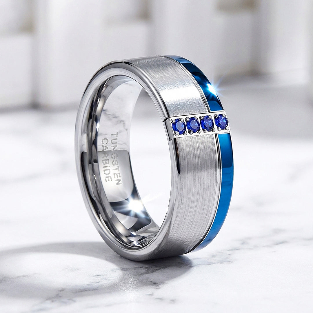 Hinokin Brushed Blue Diamond Simulant Tungsten Carbide Ring - Ring | Singapore Jewellery, Wedding Rings &amp; Gifts | Same Day Delivery | Tiara.com.sg
