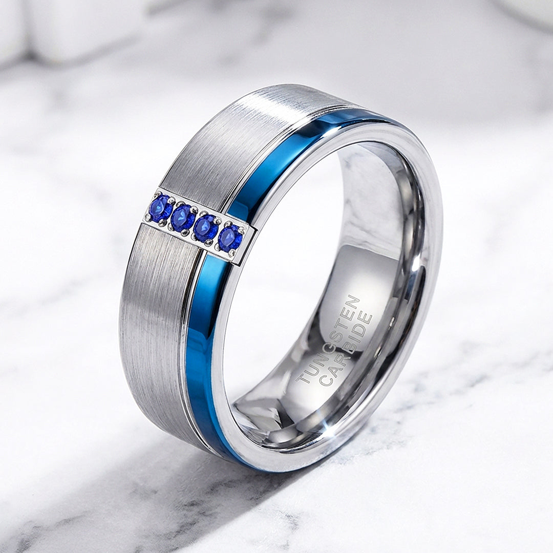 Hinokin Brushed Blue Diamond Simulant Tungsten Carbide Ring - Ring | Singapore Jewellery, Wedding Rings &amp; Gifts | Same Day Delivery | Tiara.com.sg
