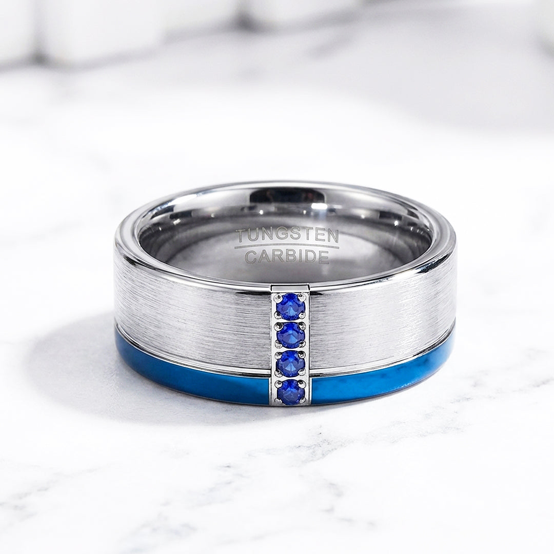 Hinokin Brushed Blue Diamond Simulant Tungsten Carbide Ring - Ring | Singapore Jewellery, Wedding Rings &amp; Gifts | Same Day Delivery | Tiara.com.sg