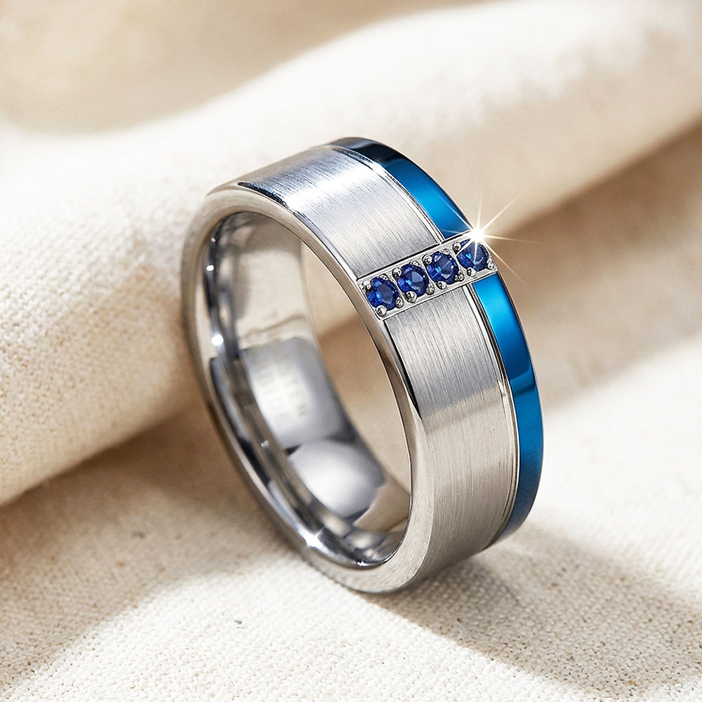 Hinokin Brushed Blue Diamond Simulant Tungsten Carbide Ring