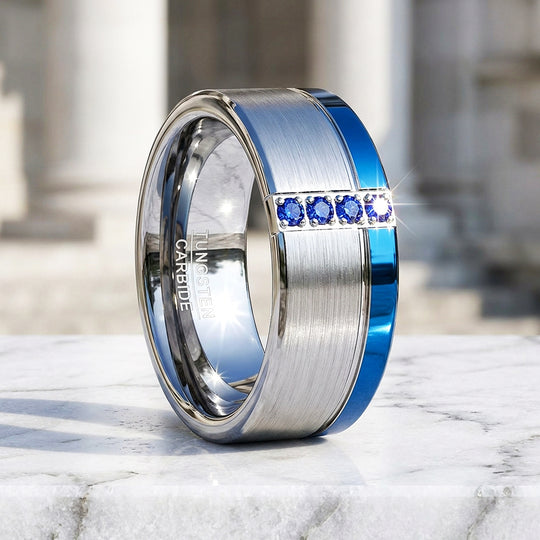 Hinokin Brushed Blue Diamond Simulant Tungsten Carbide Ring - Ring | Singapore Jewellery, Wedding Rings &amp; Gifts | Same Day Delivery | Tiara.com.sg
