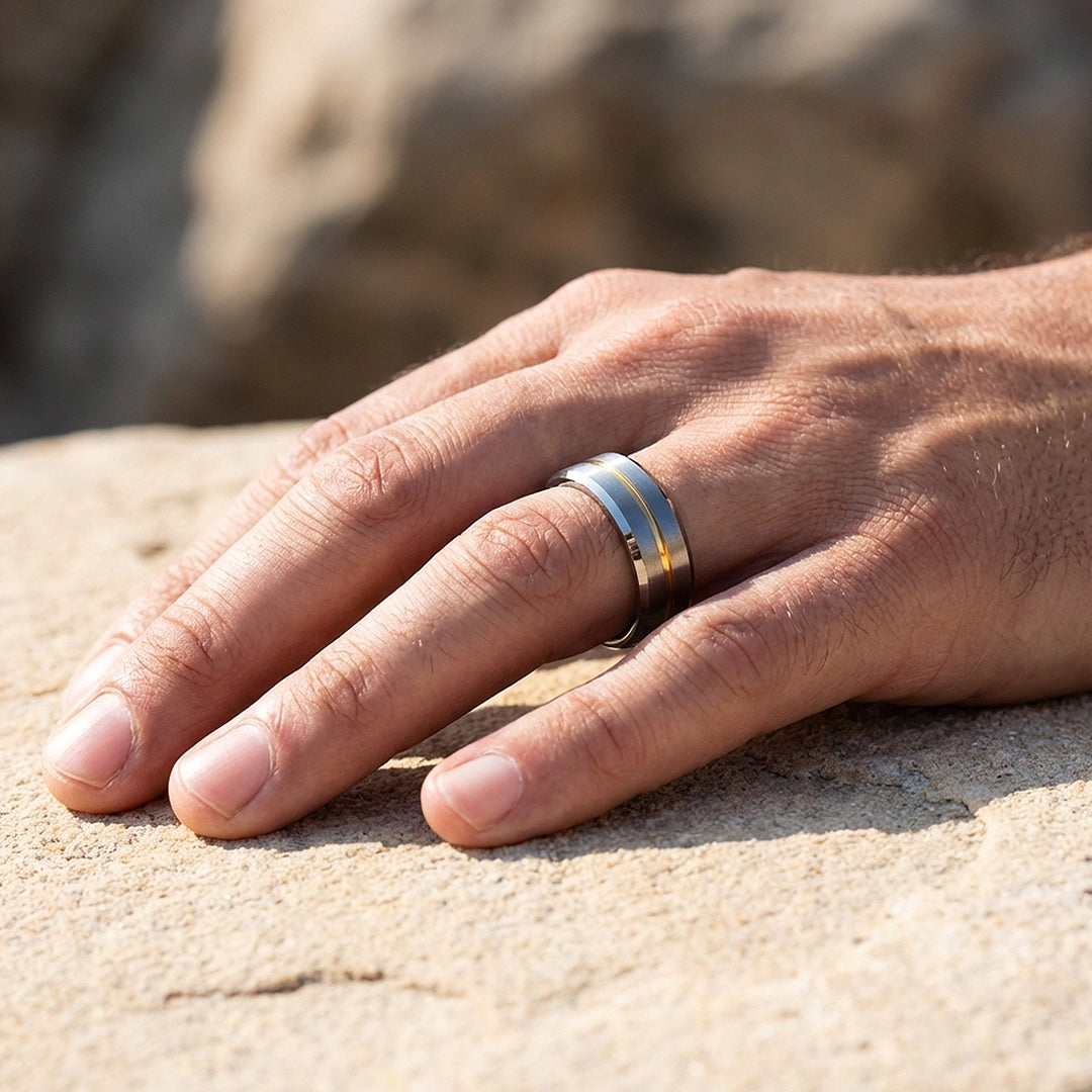 Humbert Brushed Gold Groove Tungsten Carbide Ring - Ring | Singapore Jewellery, Wedding Rings &amp; Gifts | Same Day Delivery | Tiara.com.sg