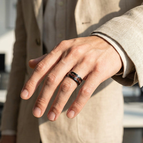 Inferra Hammered Crushed Stone Inlay Black Tungsten Carbide Ring - Ring | Singapore Jewellery, Wedding Rings &amp; Gifts | Same Day Delivery | Tiara.com.sg