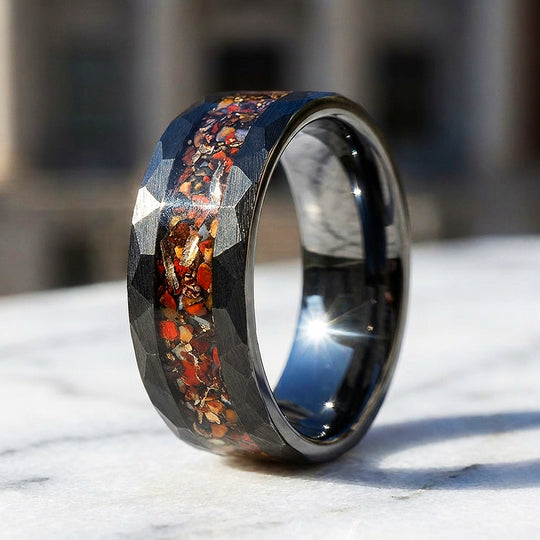 Inferra Hammered Crushed Stone Inlay Black Tungsten Carbide Ring - Ring | Singapore Jewellery, Wedding Rings &amp; Gifts | Same Day Delivery | Tiara.com.sg
