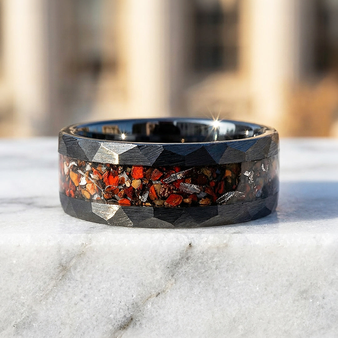 Inferra Hammered Crushed Stone Inlay Black Tungsten Carbide Ring - Ring | Singapore Jewellery, Wedding Rings &amp; Gifts | Same Day Delivery | Tiara.com.sg