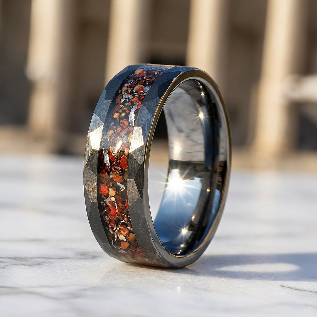 Inferra Hammered Crushed Stone Inlay Black Tungsten Carbide Ring - Ring | Singapore Jewellery, Wedding Rings &amp; Gifts | Same Day Delivery | Tiara.com.sg