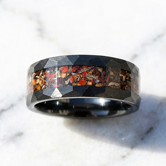 Inferra Hammered Crushed Stone Inlay Black Tungsten Carbide Ring - Ring | Singapore Jewellery, Wedding Rings &amp; Gifts | Same Day Delivery | Tiara.com.sg