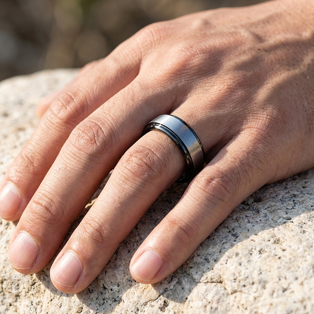 Inga Brushed Black Edge Tungsten Carbide Ring - Ring | Singapore Jewellery, Wedding Rings &amp; Gifts | Same Day Delivery | Tiara.com.sg