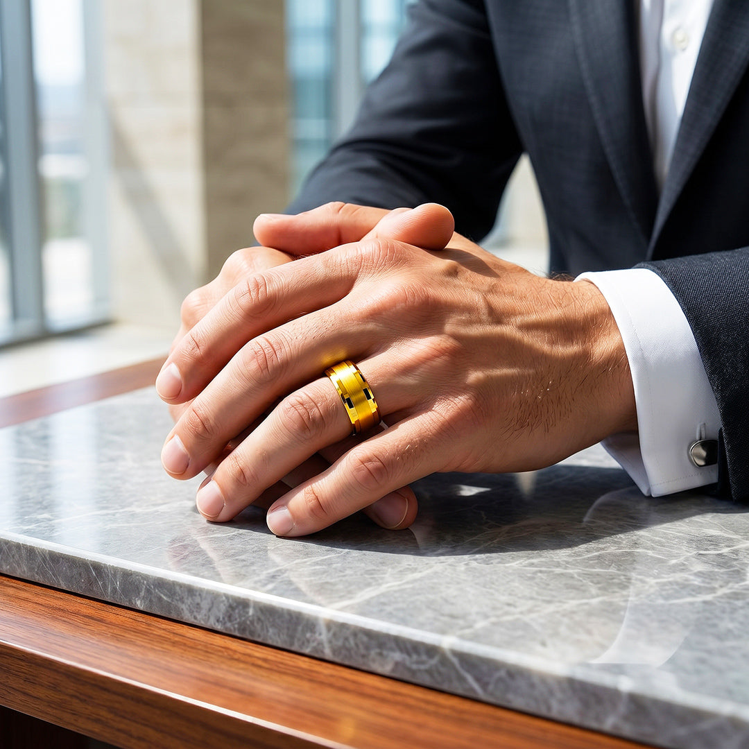 Irwin | Brushed Gold Polished Edge Tungsten Carbide Ring