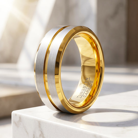 Ivor | Brushed Silver &amp; Gold Two-Tone Groove Tungsten Carbide Ring