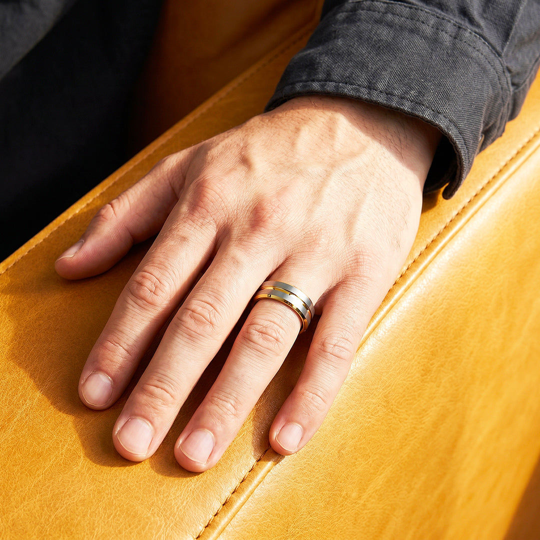 Ivor | Brushed Silver &amp; Gold Two-Tone Groove Tungsten Carbide Ring