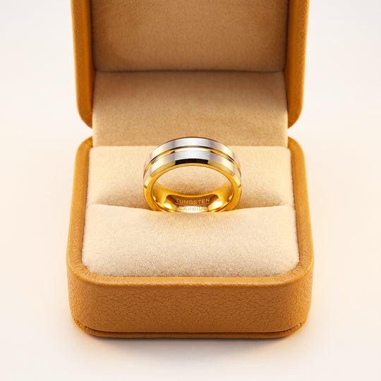 Ivor | Brushed Silver &amp; Gold Two-Tone Groove Tungsten Carbide Ring
