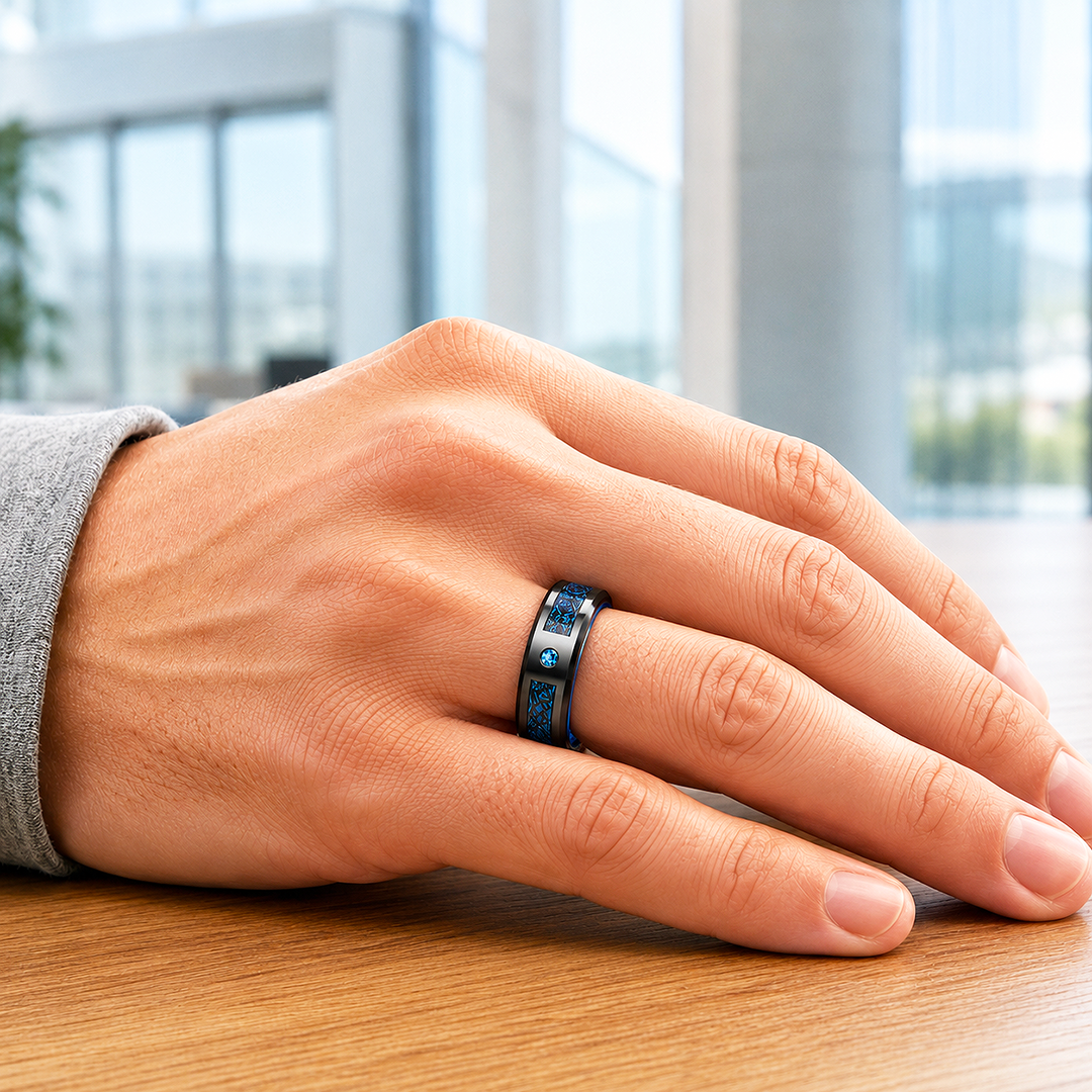 Legend | Black Dragon Pattern Blue Carbon Fibre Tungsten Carbide Men&