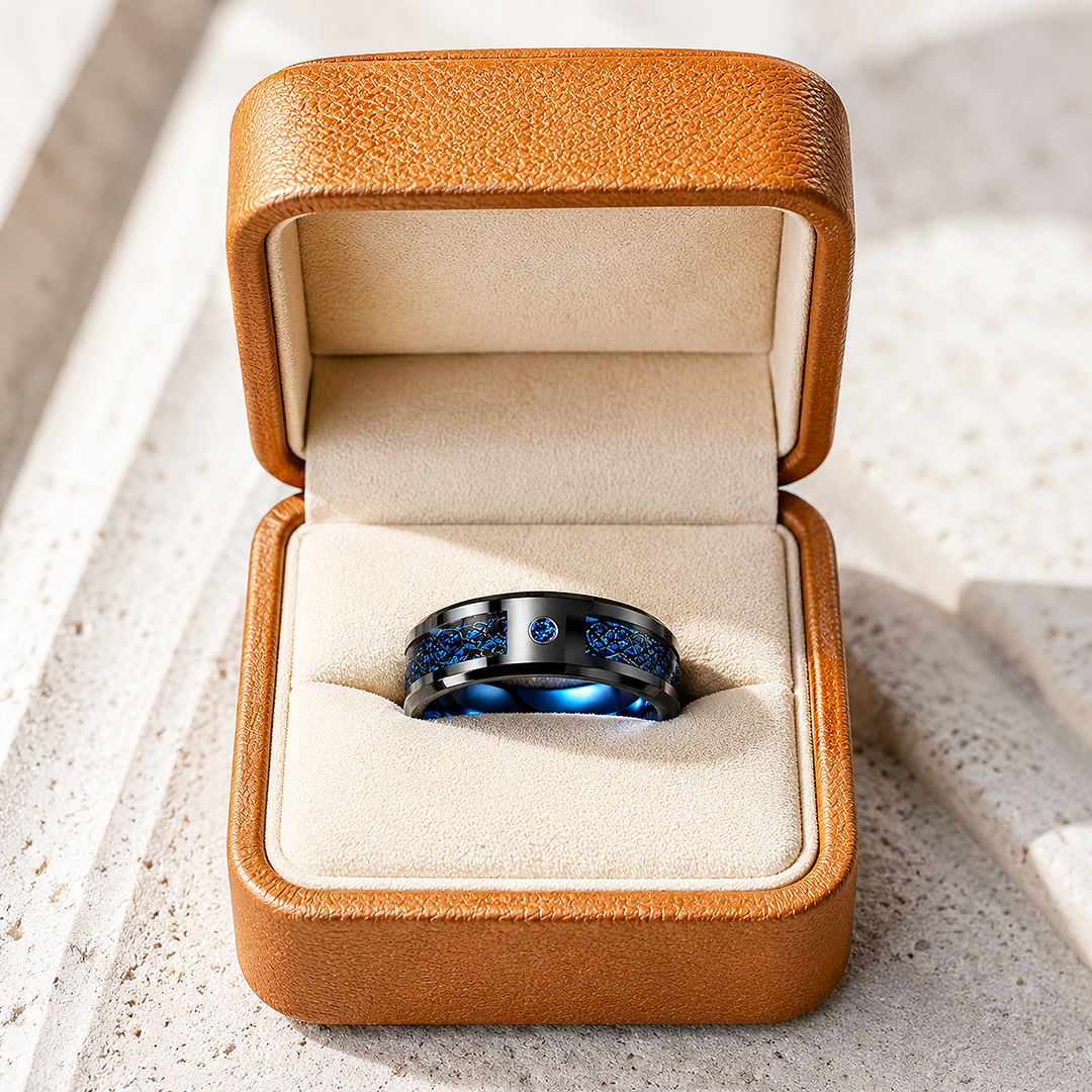 Legend | Black Dragon Pattern Blue Carbon Fibre Tungsten Carbide Men&