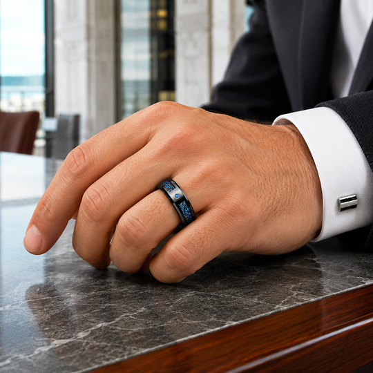 Legend | Black Dragon Pattern Blue Carbon Fibre Tungsten Carbide Men&