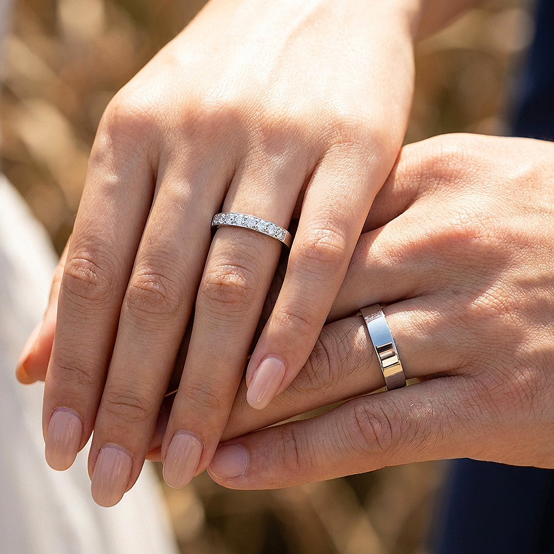 Lennan | Pavé-Set Half Eternity and Minimalist Flat Wedding Band
