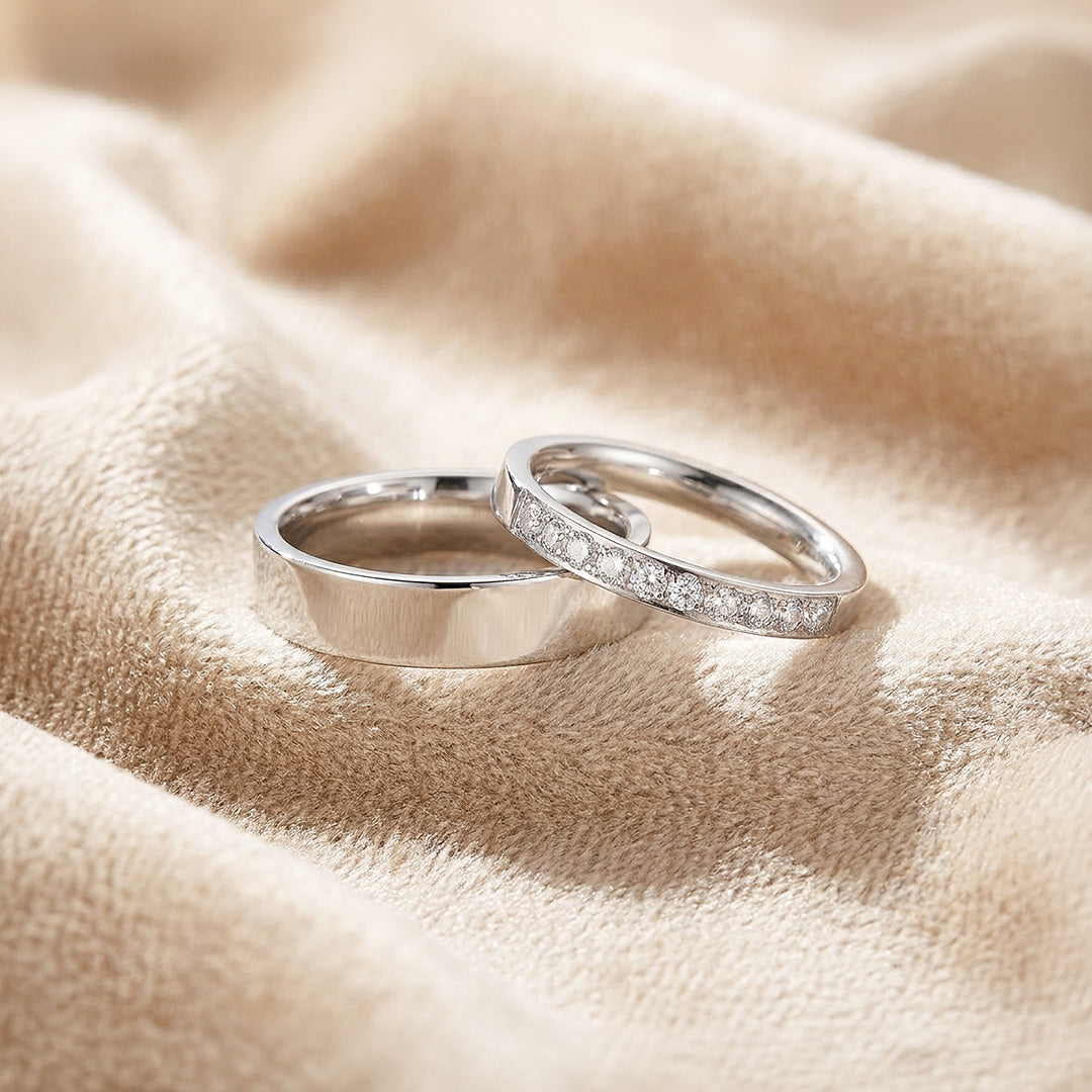 Lennan | Pavé-Set Half Eternity and Minimalist Flat Wedding Band