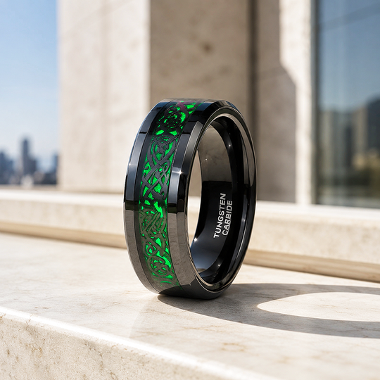 Lumineon | Black Dragon Pattern Green Glow Tungsten Carbide Men&