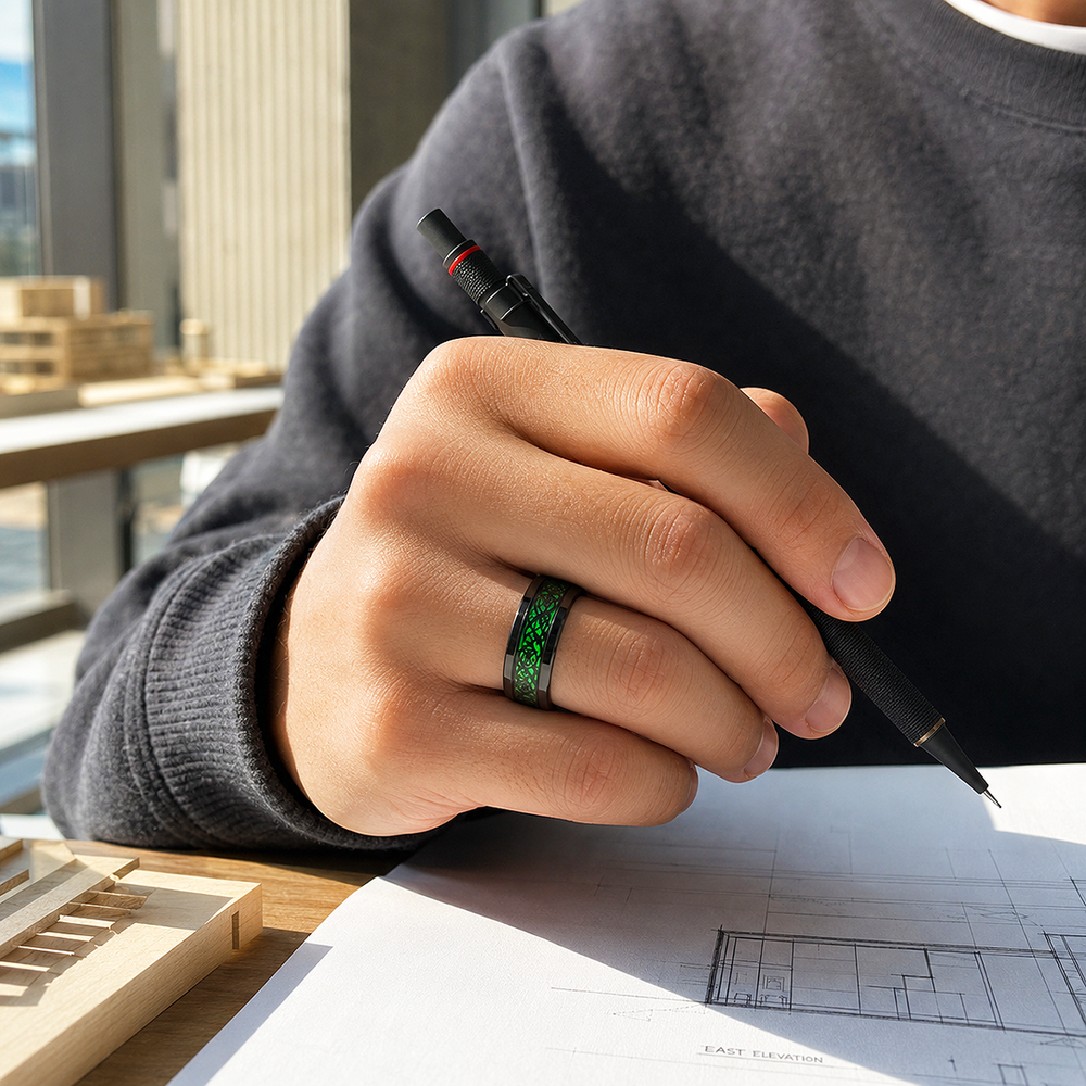 Lumineon | Black Dragon Pattern Green Glow Tungsten Carbide Men's Ring