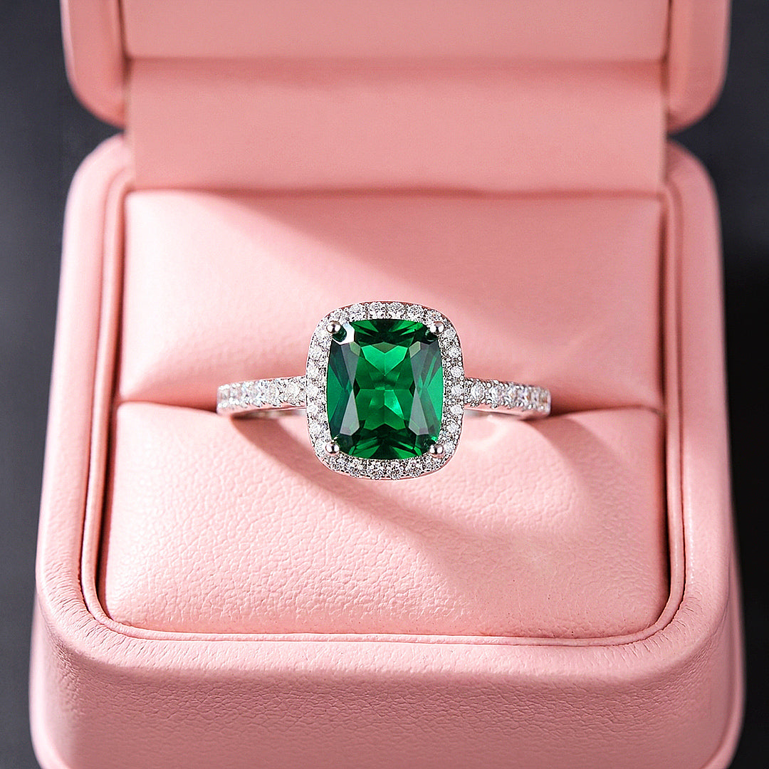 Cushion Halo Emerald Simulant Ring | Clearance | Luxe1883