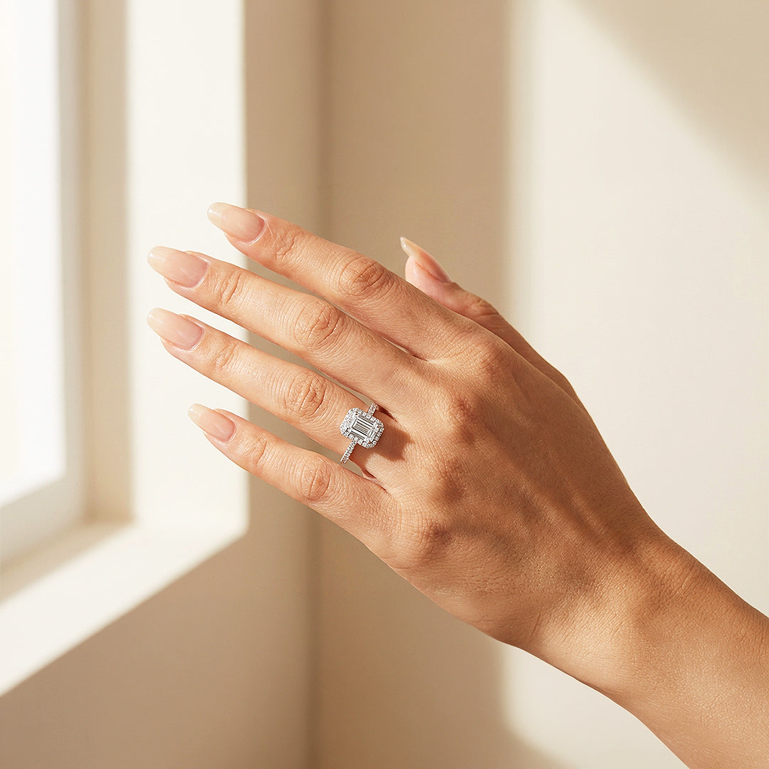 2ct White Gold Finish Emerald Cut Halo Ring - Luxe1987