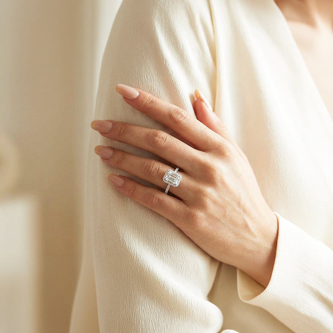 2ct White Gold Finish Emerald Cut Halo Ring - Luxe1987