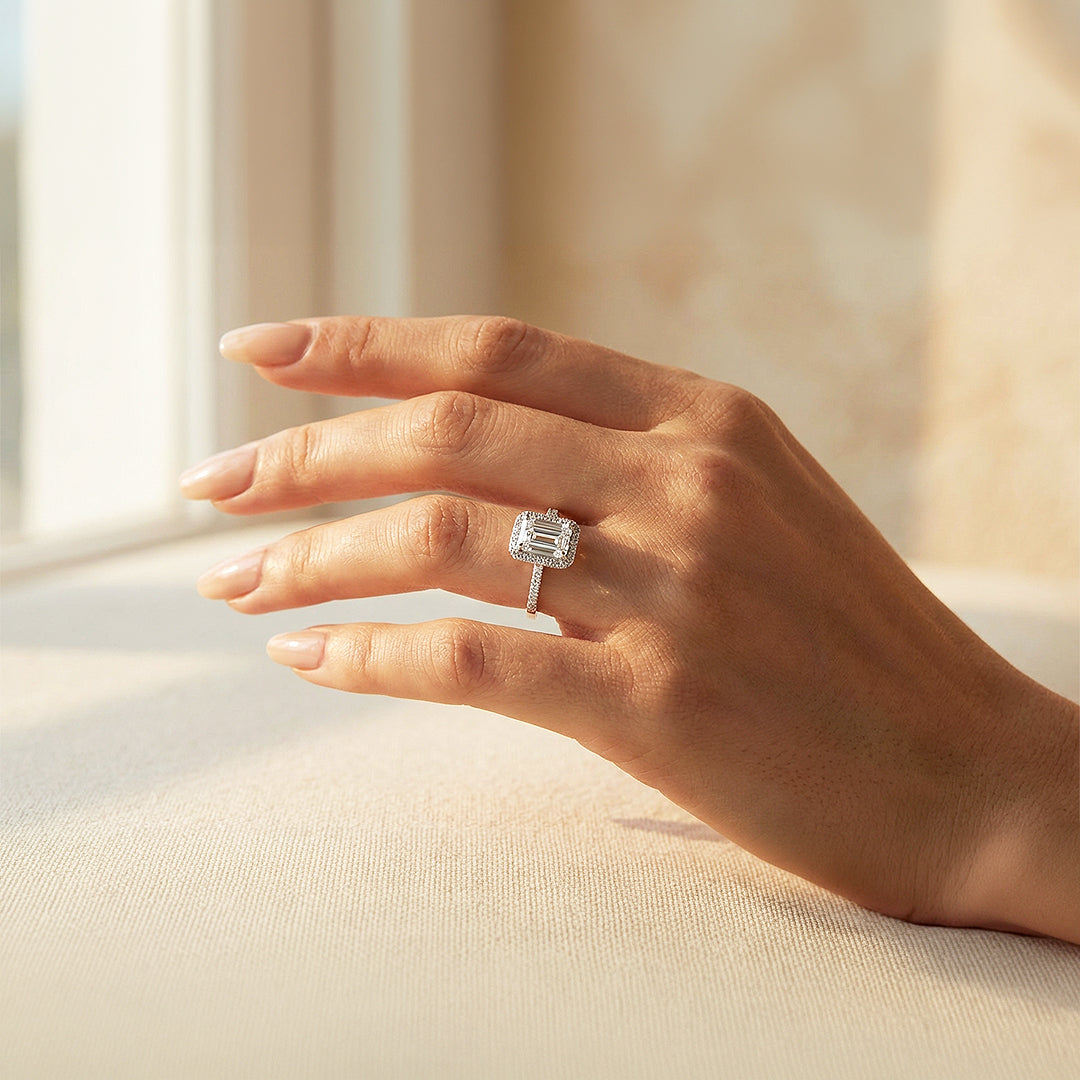 2ct White Gold Finish Emerald Cut Halo Ring - Luxe1987