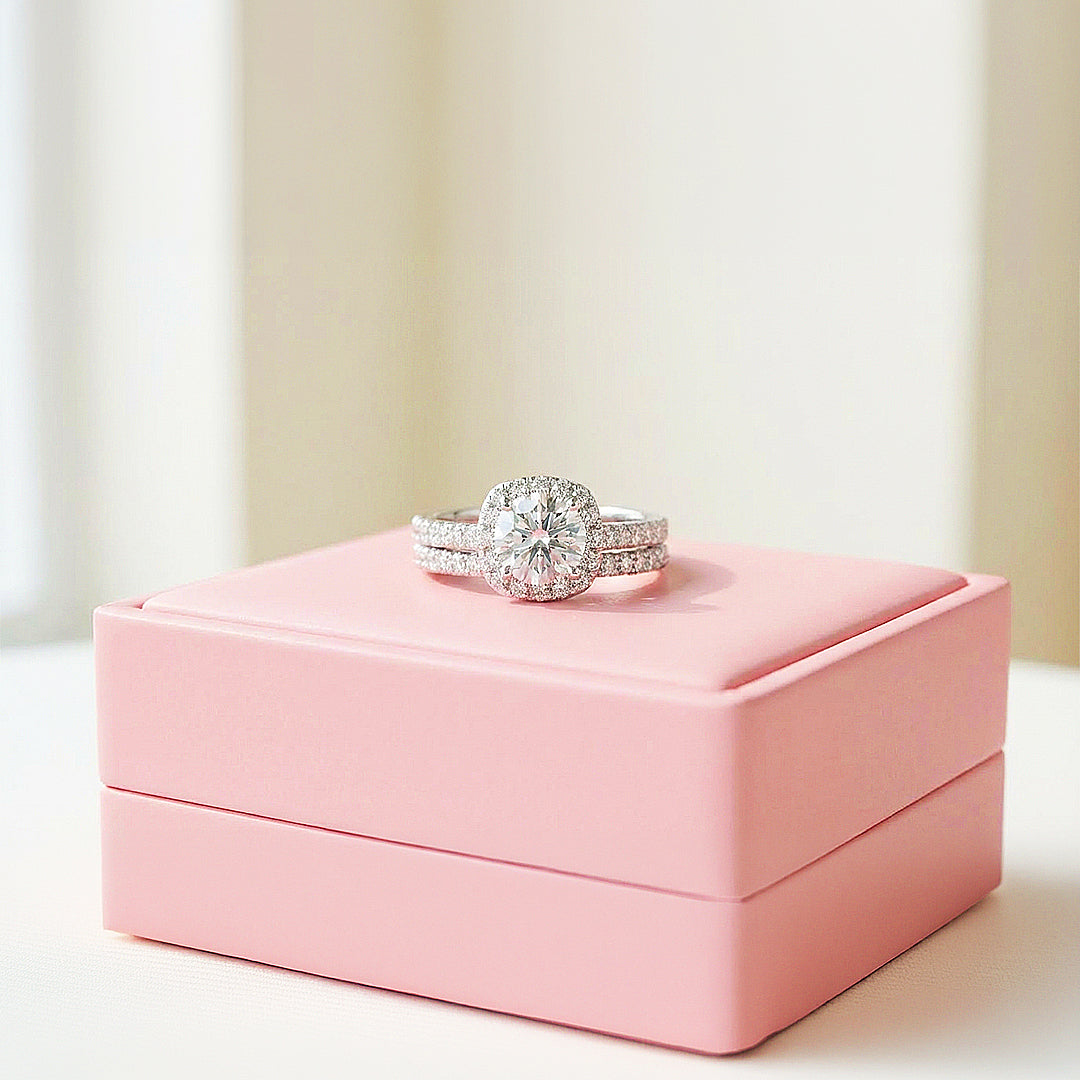 1ct White Gold Finish Cushion Halo Ring Set - Luxe1988