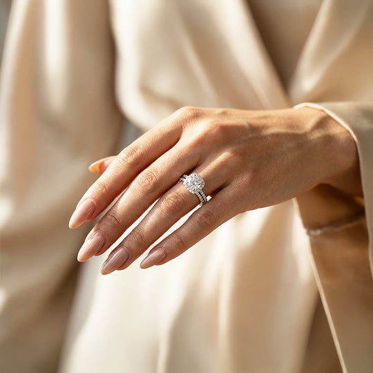 1ct White Gold Finish Cushion Halo Ring Set - Luxe1988