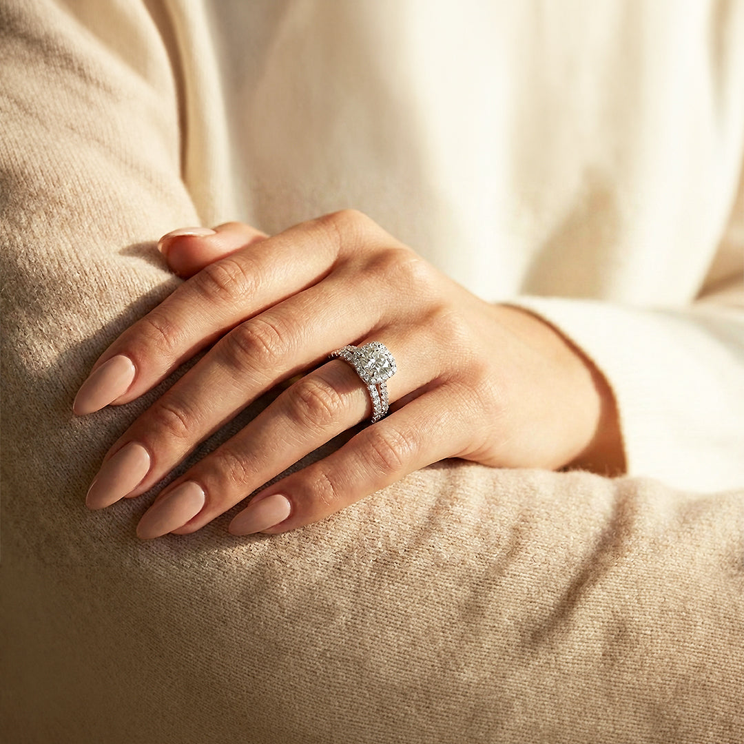 1ct White Gold Finish Cushion Halo Ring Set - Luxe1988