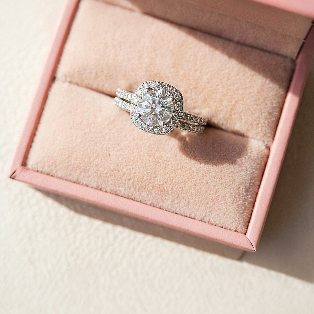 2ct White Gold Finish Cushion Halo Bridal Set - Luxe1998