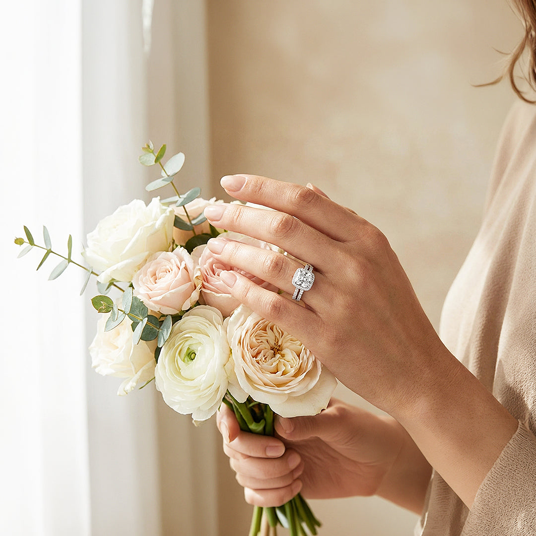 2ct White Gold Finish Cushion Halo Bridal Set - Luxe1998