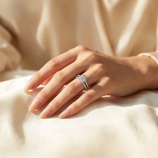 2ct White Gold Finish Cushion Halo Bridal Set - Luxe1998