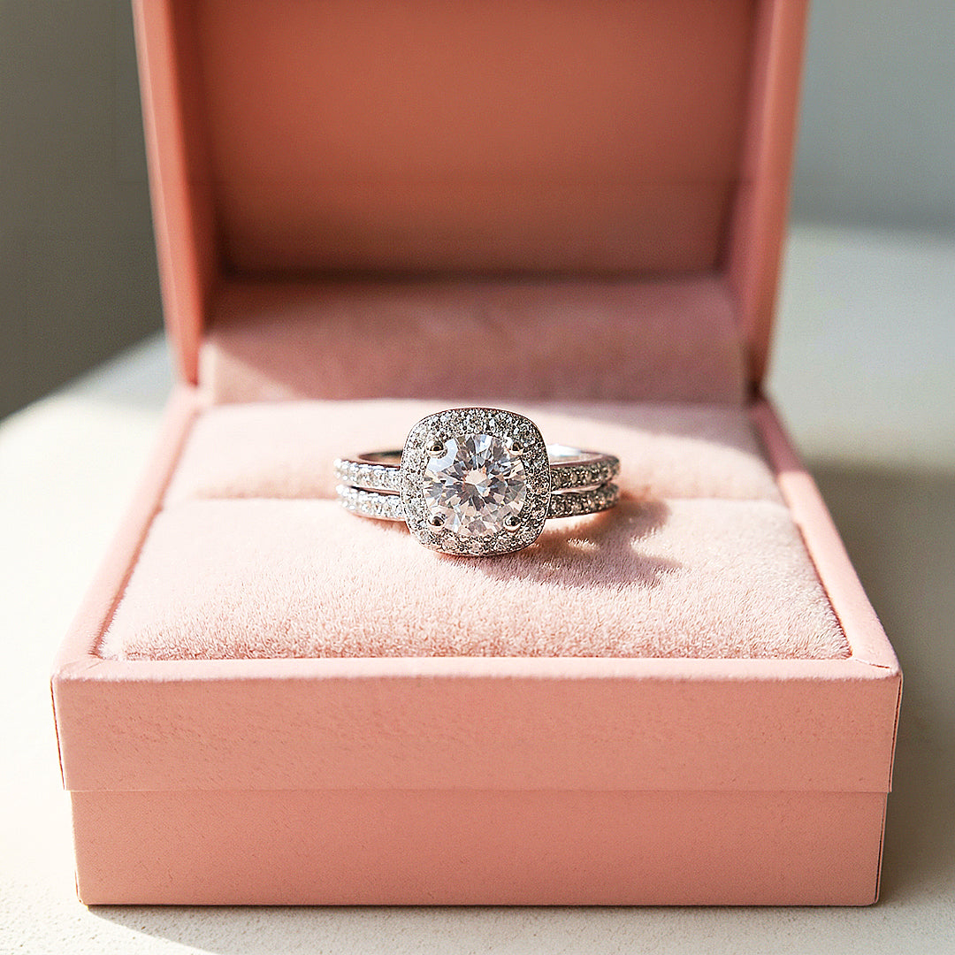 2ct White Gold Finish Cushion Halo Bridal Set - Luxe1998