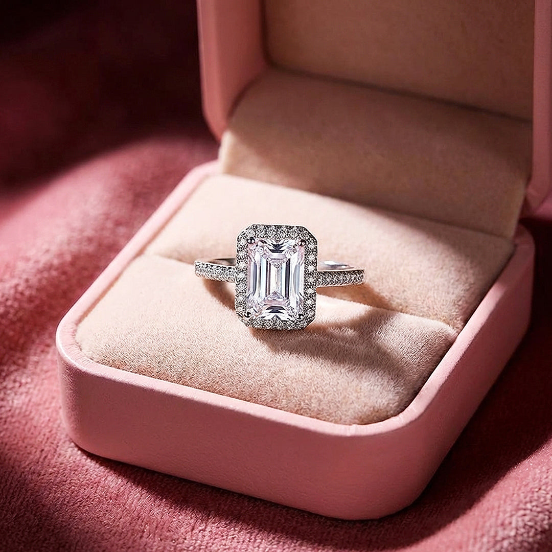 Emerald Cut Halo Engagement Ring | Micro-Set Stone Band | Luxe2024 - Ring | Singapore Jewellery, Wedding Rings & Gifts | Same Day Delivery | Tiara.com.sg