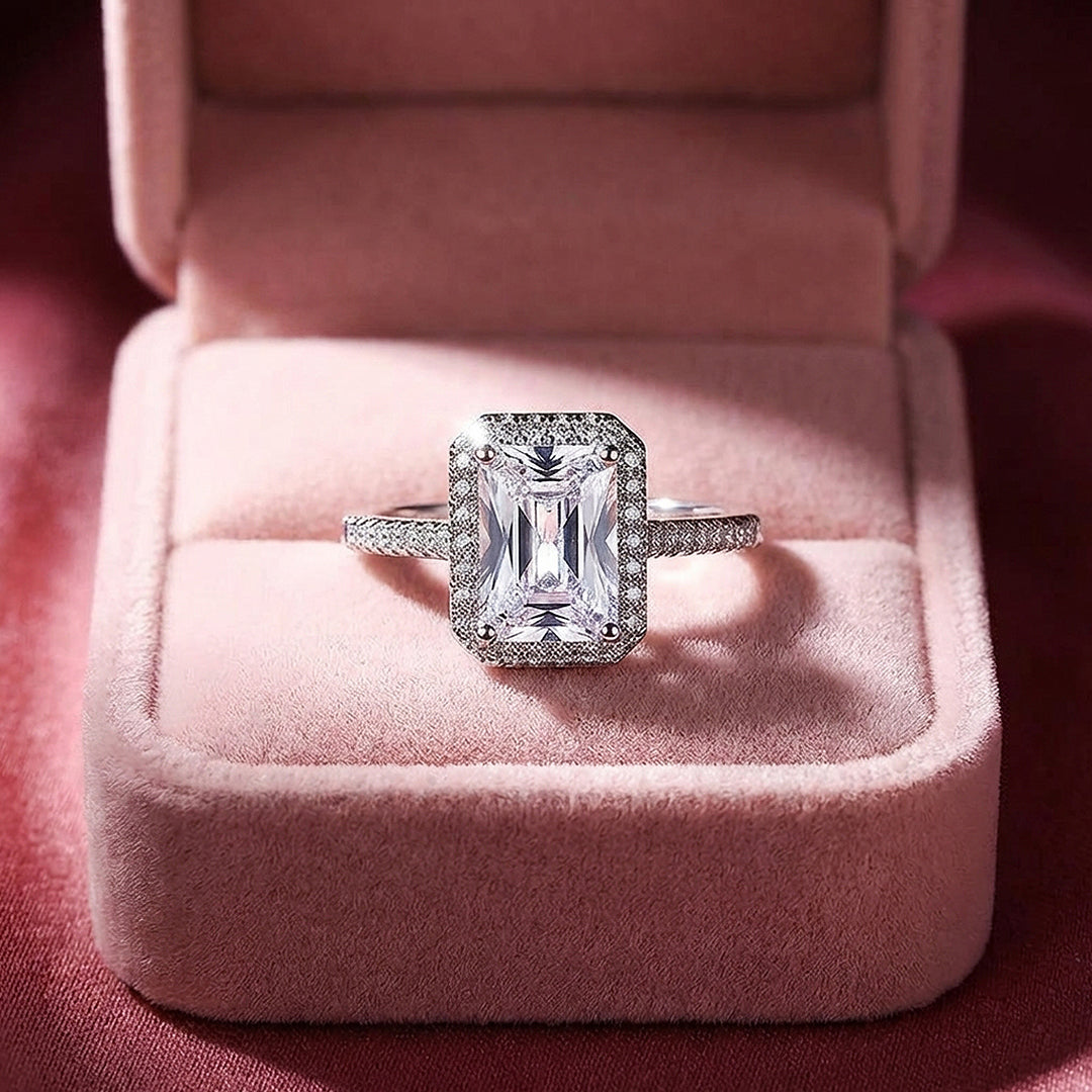 Emerald Cut Halo Engagement Ring | Micro-Set Stone Band | Luxe2024 - Ring | Singapore Jewellery, Wedding Rings &amp; Gifts | Same Day Delivery | Tiara.com.sg