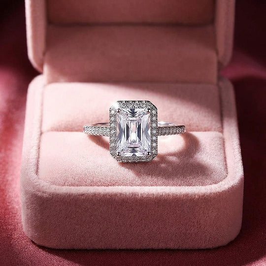 Emerald Cut Halo Engagement Ring | Micro-Set Stone Band | Luxe2024 - Ring | Singapore Jewellery, Wedding Rings &amp; Gifts | Same Day Delivery | Tiara.com.sg