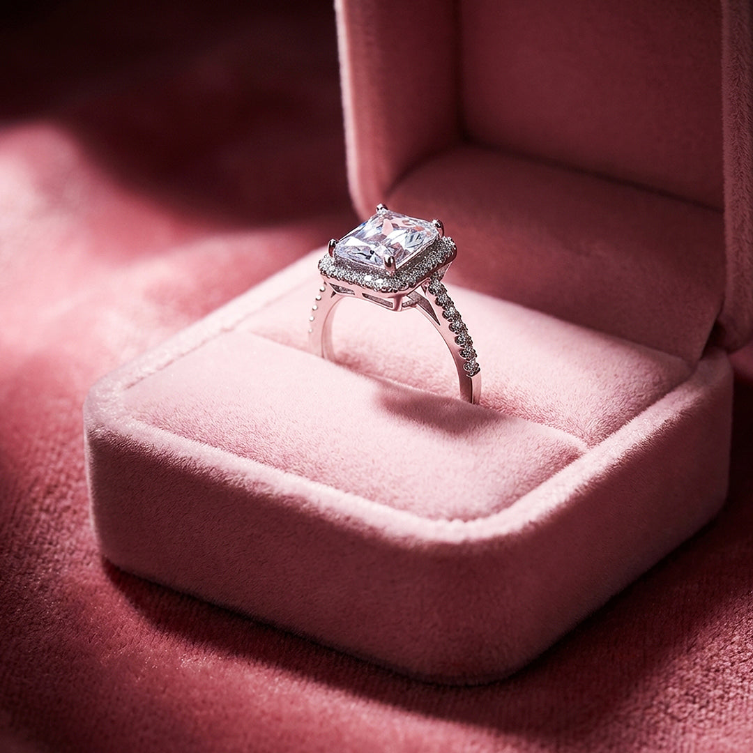 Emerald Cut Halo Engagement Ring | Micro-Set Stone Band | Luxe2024 - Ring | Singapore Jewellery, Wedding Rings &amp; Gifts | Same Day Delivery | Tiara.com.sg