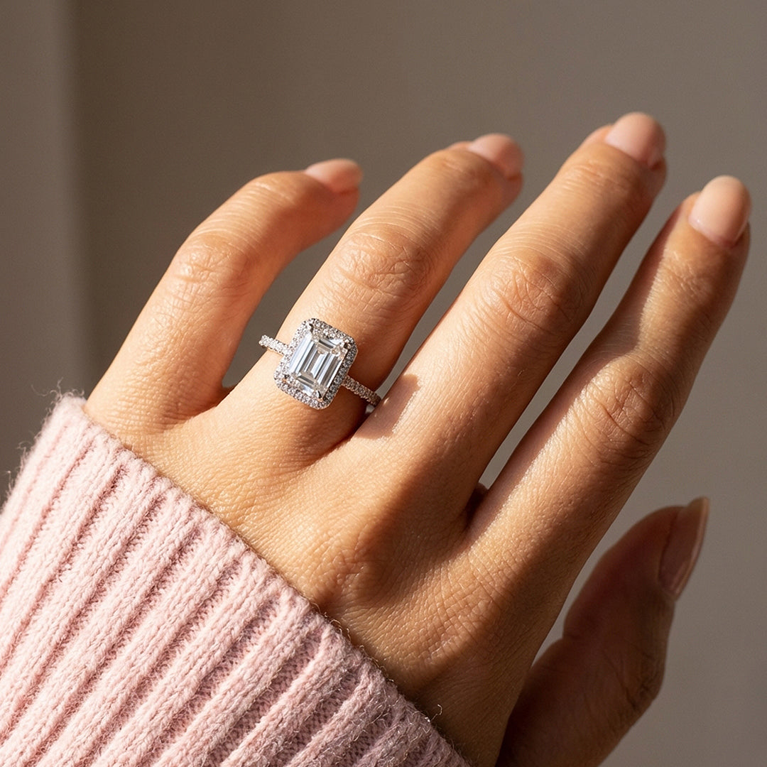 Emerald Cut Halo Engagement Ring | Micro-Set Stone Band | Luxe2024 - Ring | Singapore Jewellery, Wedding Rings &amp; Gifts | Same Day Delivery | Tiara.com.sg
