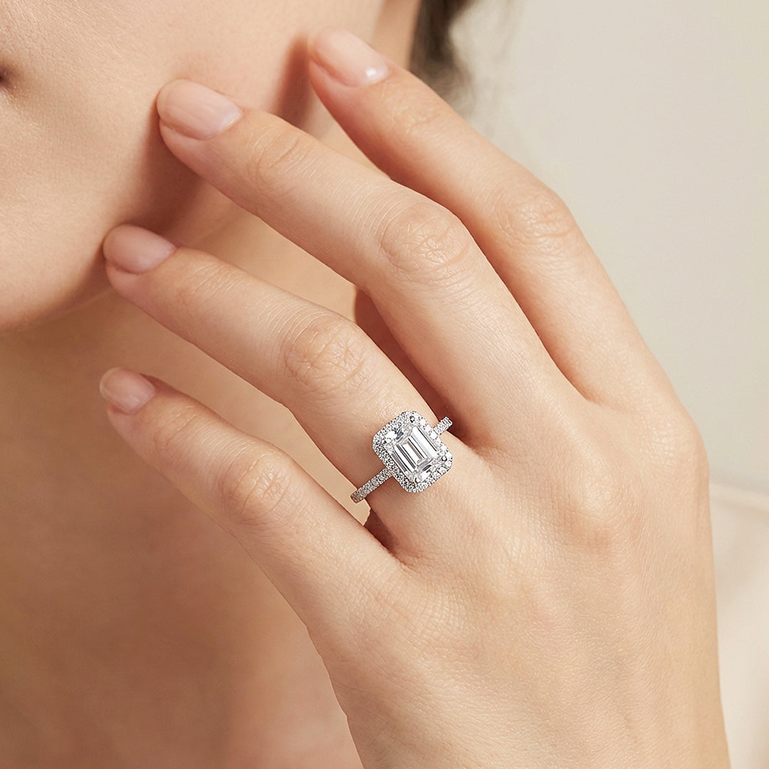 Emerald Cut Halo Engagement Ring | Micro-Set Stone Band | Luxe2024 - Ring | Singapore Jewellery, Wedding Rings &amp; Gifts | Same Day Delivery | Tiara.com.sg