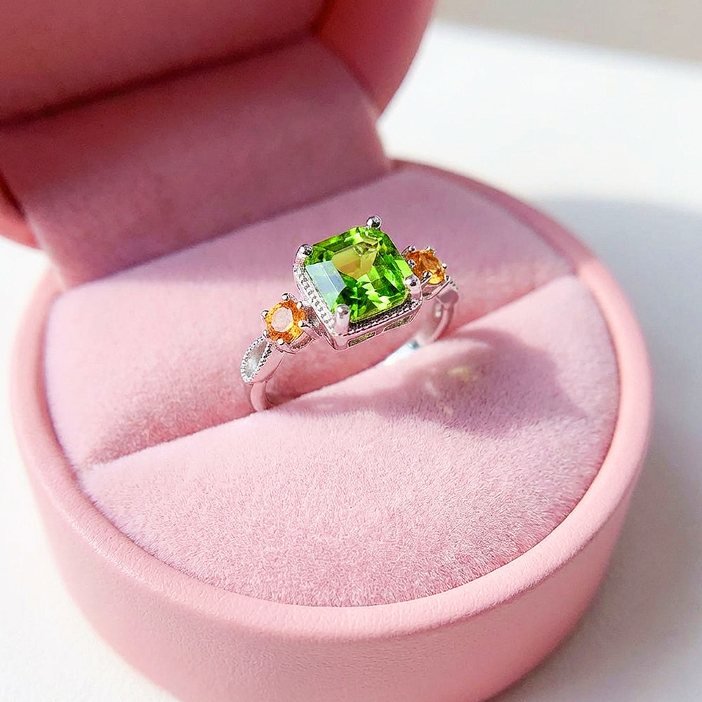 Square Cut Peridot Green Engagement Ring in White Gold | Luxe2043