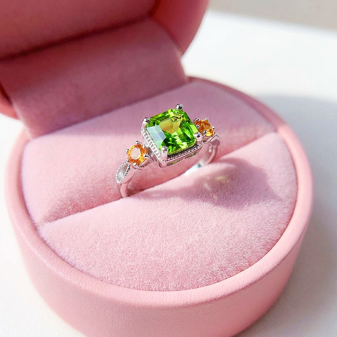 Square Cut Peridot Green Engagement Ring in White Gold | Luxe2043