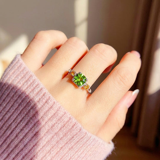 Square Cut Peridot Green Engagement Ring in White Gold | Luxe2043