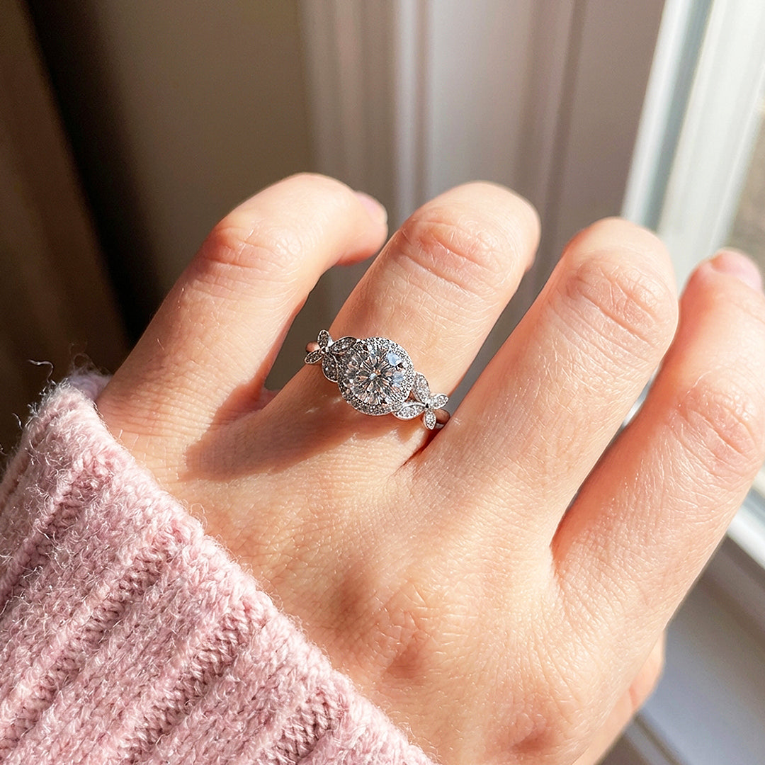 Round Halo Butterfly Engagement &amp; Floral Ring | Luxe2047