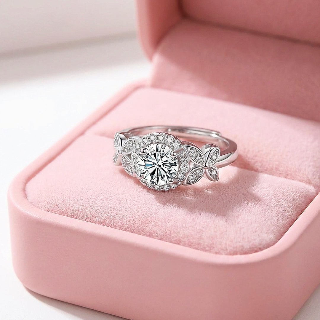 Round Halo Butterfly Engagement &amp; Floral Ring | Luxe2047