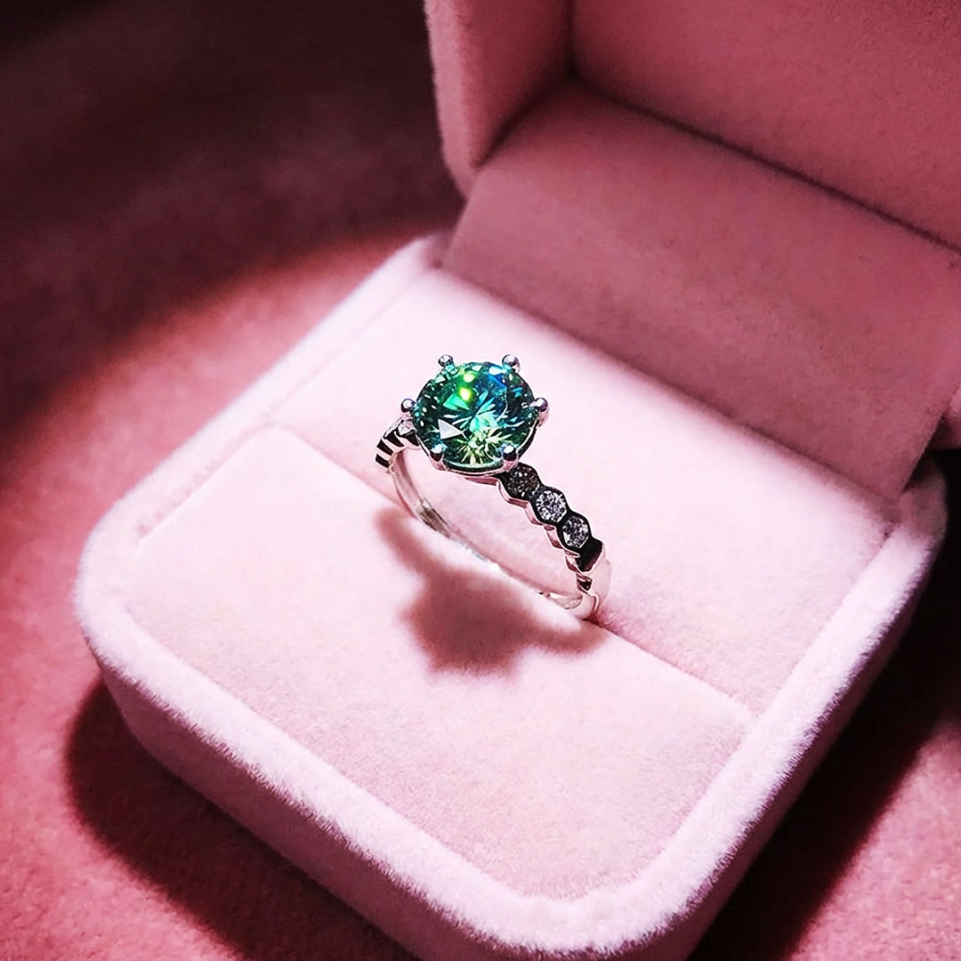 Round Cut Green Hexagon Band Engagement Ring | Luxe2049