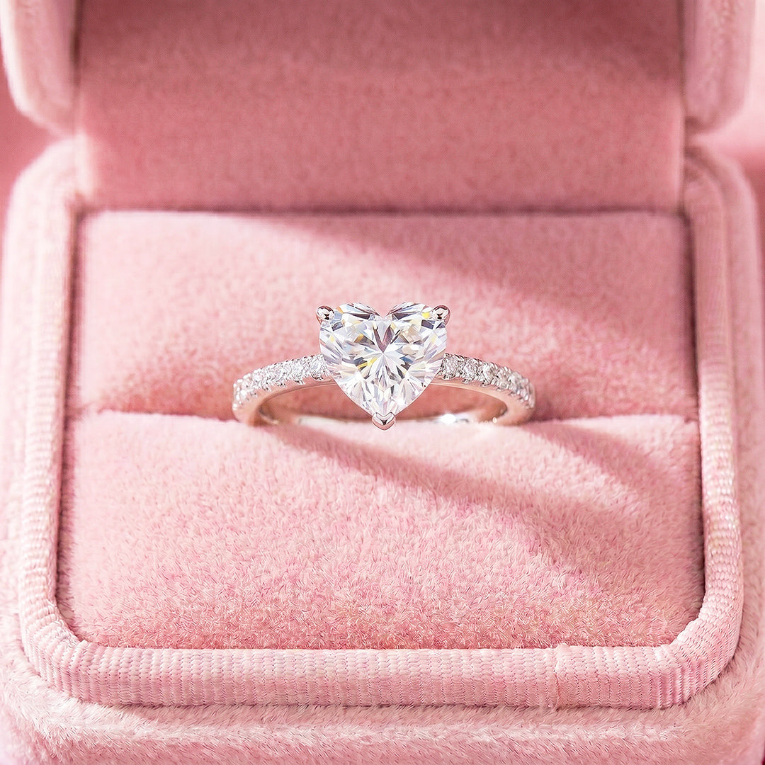 Heart-Cut Solitaire Diamond Simulant Ring with Pavé Band | Luxe2085