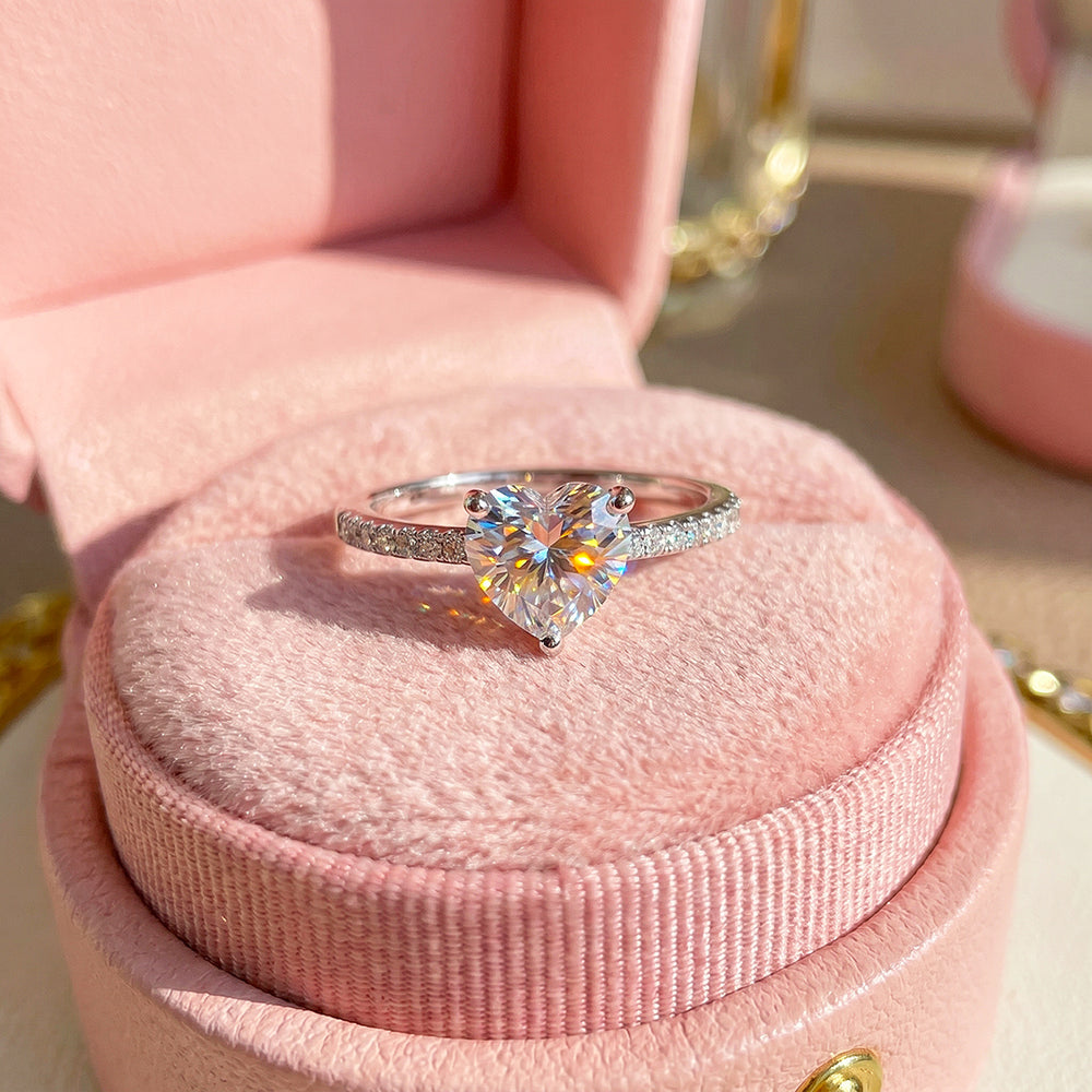 Heart-Cut Solitaire Diamond Simulant Ring with Pavé Band | Luxe2085