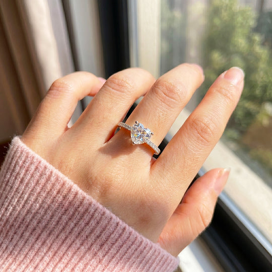Heart-Cut Solitaire Diamond Simulant Ring with Pavé Band | Luxe2085